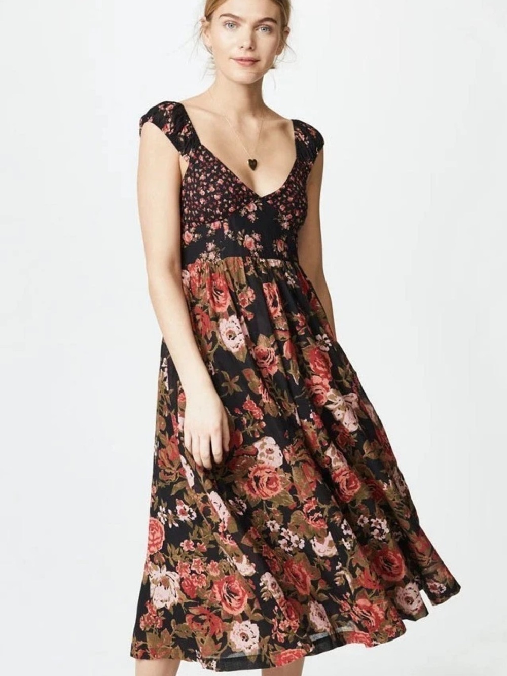 Free People Floral V-Neck Midi Dress in Black Print New With Tags